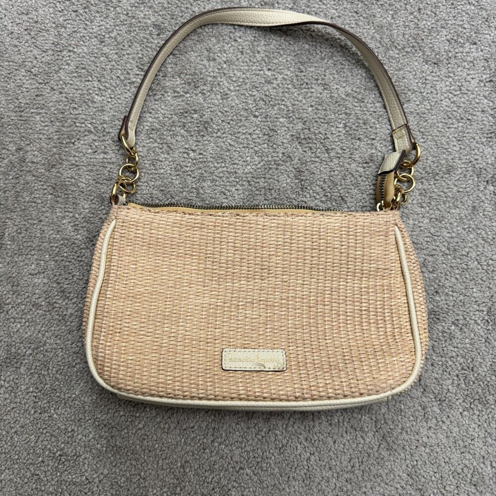 Nanette Lepore Natural Woven Straw Faux Leather Trim Gold Chain Shoulder Bag